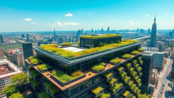 Innovative green building with rooftop gardens, modern architecture.