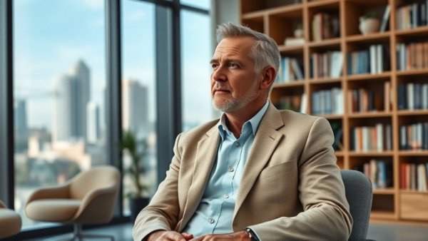 Middle-aged man discussing market trends in a modern office setting.