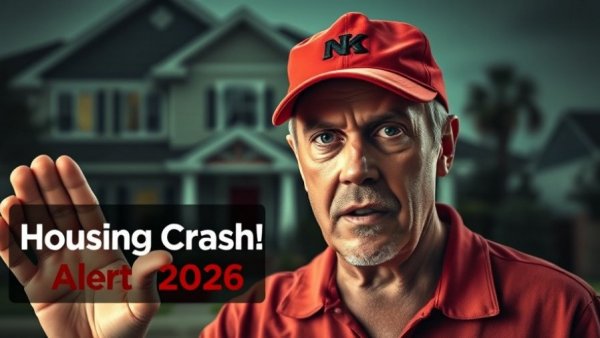 Housing market 2026 crash alert poster with concerned man.