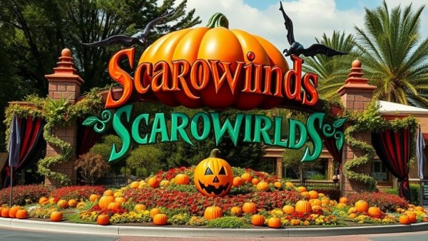 SCarowinds entrance with a giant pumpkin, 2026 guide scene.