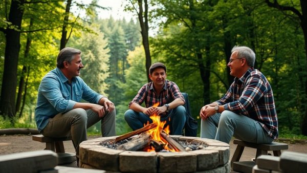 Three men discussing profitable land investing strategies by a fire pit.