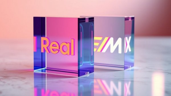 3D glass blocks with Real REMAX logos on marble surface.