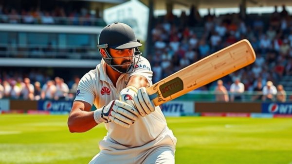Cricket player batting intensely on field during match