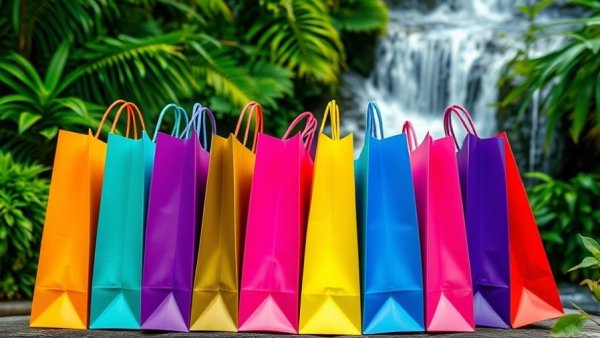 Colorful shopping bags with waterfall and foliage.