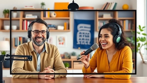 Podcast on batching content creation with hosts in a vibrant studio.