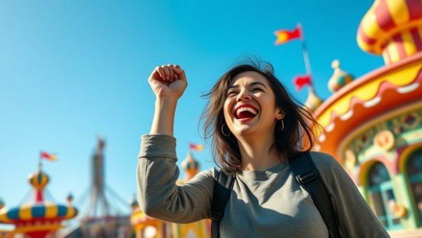 Visitor enjoying colorful park at Universal Orlando Resort, best photo spots.