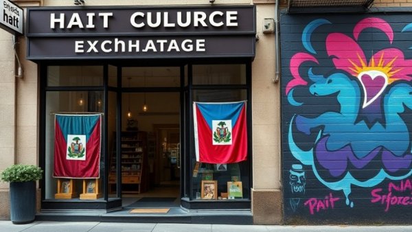 Haiti Cultural Exchange storefront with flag and street art.
