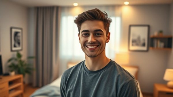 Man highlighting cash flow from rental properties in a modern bedroom.
