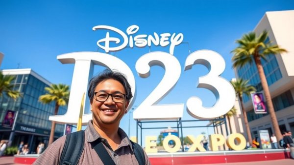 Visitor at Disney D23 Expo with D23 sign and clear sky.