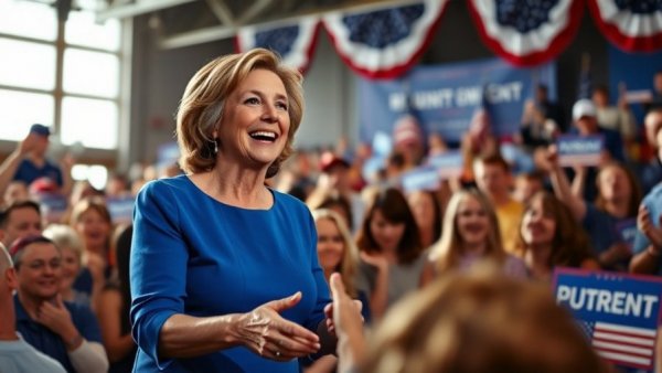 Lively political rally with woman in blue dress at South Carolina event.