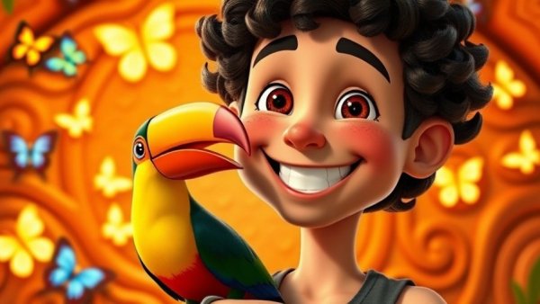Antonio’s Fiesta de Encanto ride featuring a joyful cartoon boy with toucan.