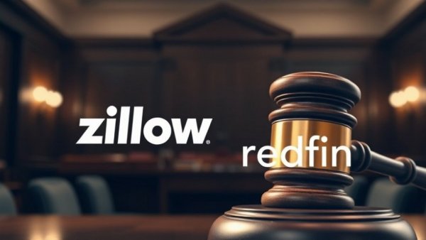 Zillow Redfin FTC Lawsuit gavel and logos in courtroom backdrop