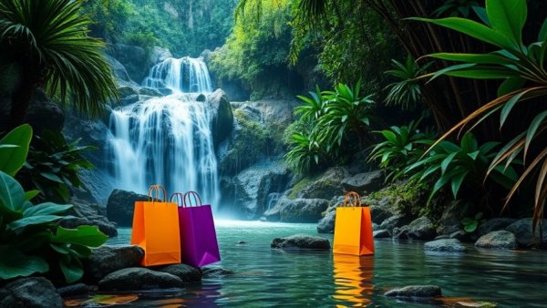 Lush tropical waterfall with vibrant shopping bags logo.