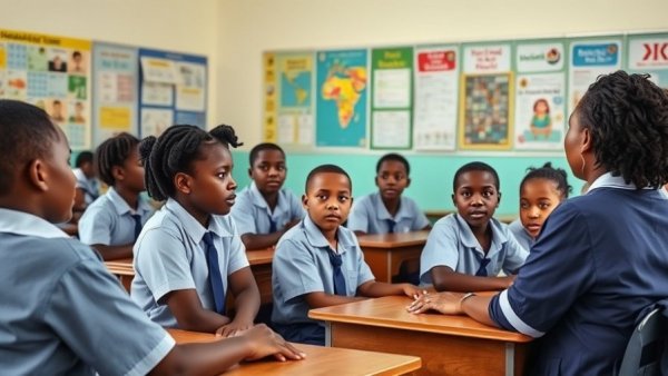 Caribbean classroom with students and teacher, educational participation