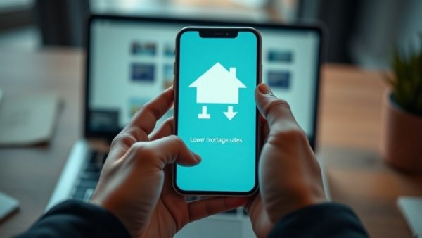 Symbolizing lower mortgage rates, hands with smartphone and house icon.