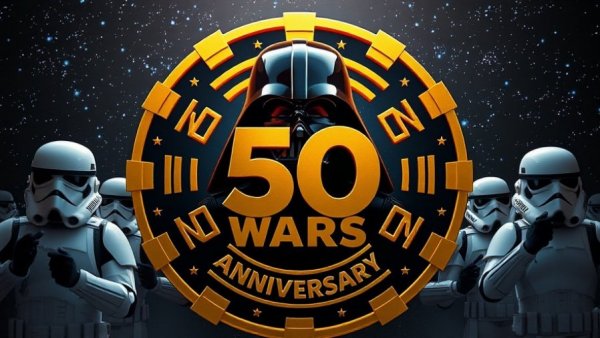 Star Wars 50th anniversary celebration events graphic with iconic symbols.