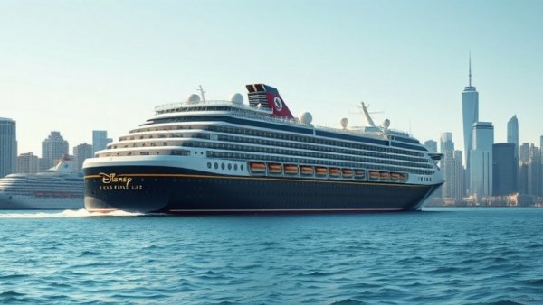 Disney Cruise Line ship sailing near city skyline, clear sky.