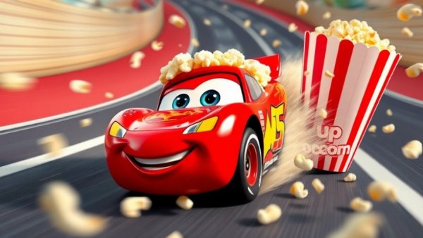 Lightning McQueen popcorn bucket racing down a road with popcorn