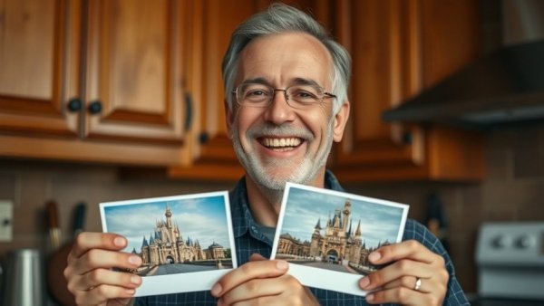 Man holding vintage Disney photos evoking family adventures
