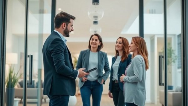 Real estate agent shows home to couple emphasizing in-person showing benefits.