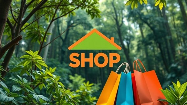 Colorful shopping bags logo with lush green forest.