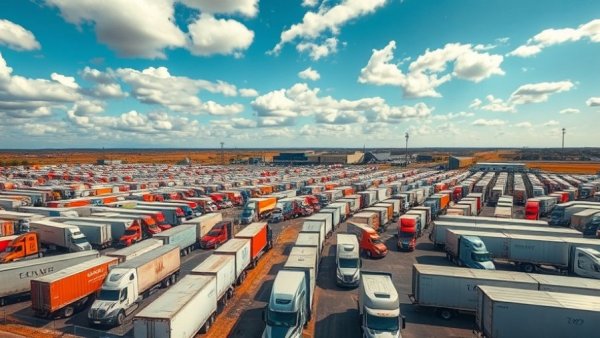 Wide view of semi-truck parking lot with trucks arranged neatly.