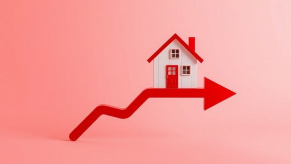 Abstract model house on a red arrow symbolizing market decline in systemic corruption manufactured housing.