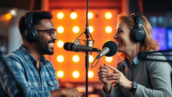 Social media success podcast with hosts sharing insights in a vibrant studio.