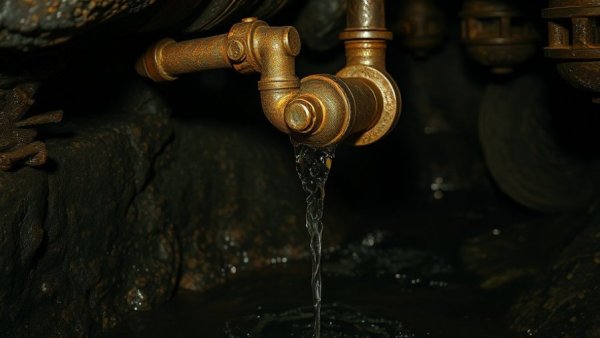 Rusty pipes dripping water in dark cave, Halloween horror vibe.