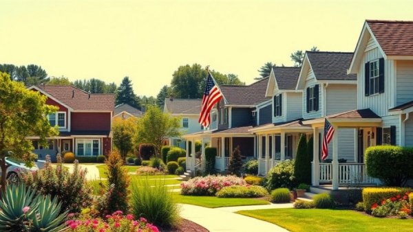 Suburban scene with American flag representing FHA loans and nonbanks.