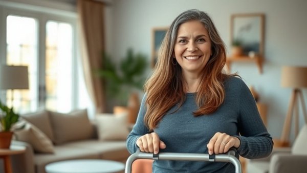 Smiling woman with walker and celebrity side-by-side, cozy setting.