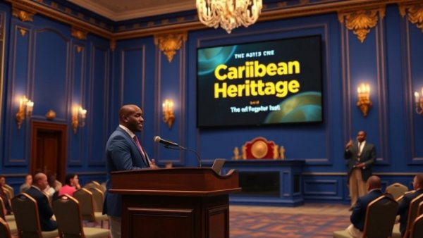Speaker at podium during Caribbean Heritage Reception.