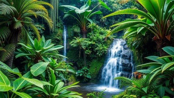 Waterfall surrounded by lush greenery, outcomes in development cooperation.