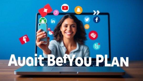 Audit your social media content graphic with smartphone and icons.