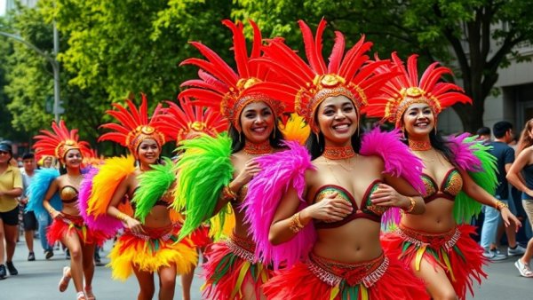 Colorful West Indian American Caribbean Parade dancers celebrating.