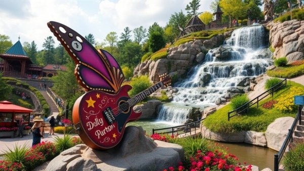 New Dolly Parton tributes at Dollywood amid scenic waterfall.