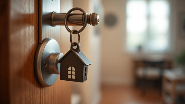 Key with house-shaped keychain in rental property door lock.