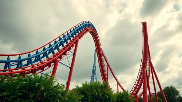 ArieForce One roller coaster with red and blue tracks in the sky.