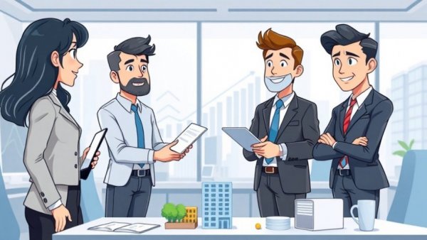 Professionals discussing real estate strategies in an office.