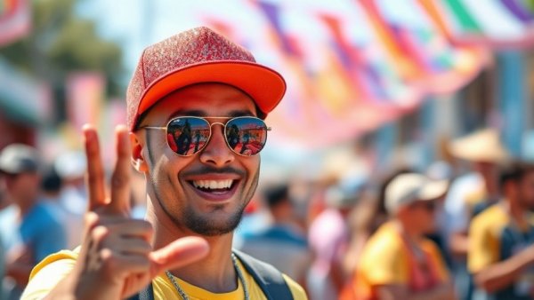 Cheerful individual at event wearing a red cap and sunglasses, smiling.