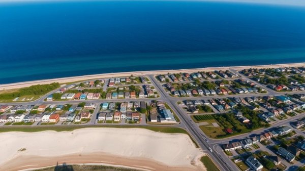 Aerial view of coastal housing reflecting year-over-year comps.