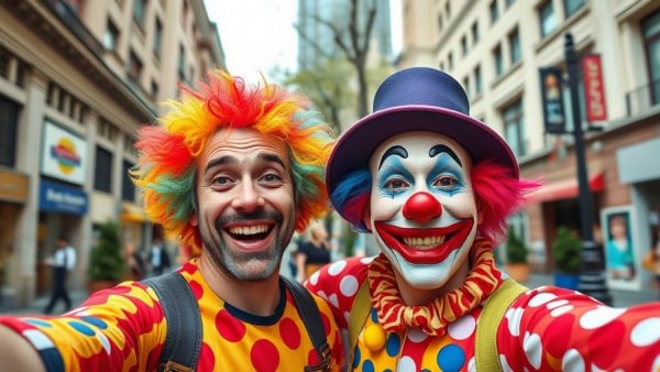 Man and clown selfie at Halloween Horror Nights, lively atmosphere.