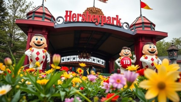 Hersheypark entrance with mascots celebrated during its 120th season.