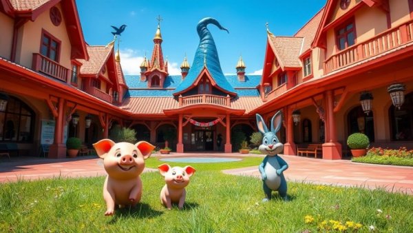 Disney Animation Courtyard character figures with iconic spires.