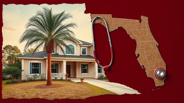 Collage of house, palm tree, stethoscope, and Florida map for retirement destinations.
