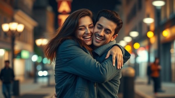 Happy young couple embracing at night with city lights