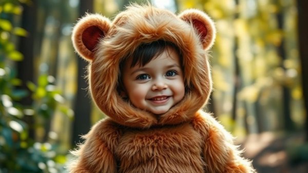 Adorable toddler in Ewok costume celebrating Disney Halloween.