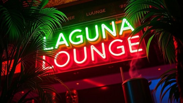 Neon 'Laguna Lounge' sign at Universal Monsters Halloween tiki bar.