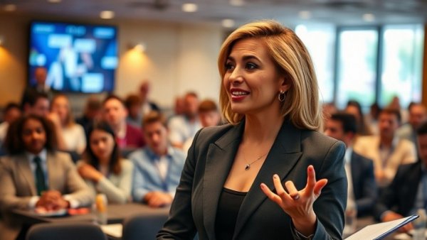 Engaging woman addressing audience about social media in a conference room.