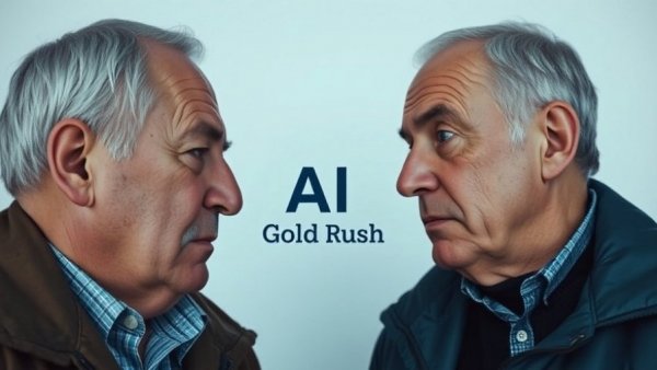 AI gold rush text with two men facing each other.